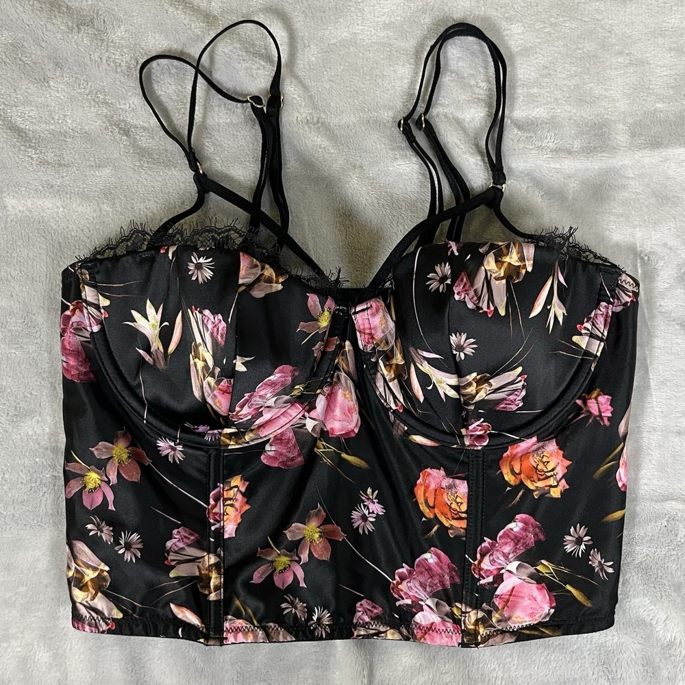 Victorias Secret Very Sexy Black Floral Satin Bustier Corset Top 32D Zipper NWT